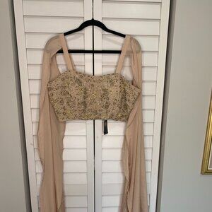NWT - Beige Lehenga Set With Floral Sequin Cutdana Hand Embroidered Blouse - L